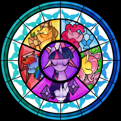 Size: 2800x2800 | Tagged: safe, artist:shadowkixx, derpibooru import, applejack, fluttershy, pinkie pie, rainbow dash, rarity, twilight sparkle, earth pony, pegasus, pony, unicorn, mane six, stained glass