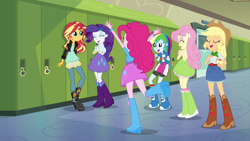 Size: 1280x720 | Tagged: safe, derpibooru import, screencap, applejack, pinkie pie, rainbow dash, rarity, sunset shimmer, equestria girls, friendship games, balloon, boots, bracelet, cheering, clothes, cowboy hat, denim skirt, door, hallway, hat, high heel boots, jacket, jewelry, leather jacket, lockers, raised leg, skirt, socks, stetson