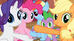 Size: 640x355 | Tagged: safe, derpibooru import, screencap, applejack, pinkie pie, rainbow dash, rarity, spike, dragon, earth pony, pegasus, pony, unicorn, magic duel, meme, youtube caption