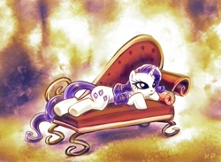 Size: 1000x731 | Tagged: safe, artist:kp-shadowsquirrel, rarity, pony, unicorn, abstract background, fainting couch, female, mare, prone, sofa, solo