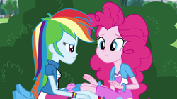 Size: 1280x720 | Tagged: safe, derpibooru import, screencap, pinkie pie, rainbow dash, equestria girls, friendship games, pinkie spy (short), balloon, boots, bracelet, clothes, high heel boots, jewelry, skirt, socks