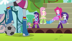 Size: 1920x1080 | Tagged: safe, derpibooru import, screencap, fluttershy, pinkie pie, rainbow dash, rarity, spike, twilight sparkle, dog, equestria girls, equestria girls (movie), balloon, bleachers, boots, bracelet, clothes, football, high heel boots, jewelry, mountain, shorts, smiling, soccer field, socks, spike the dog, tree