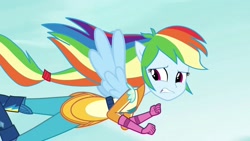 Size: 1920x1080 | Tagged: safe, derpibooru import, screencap, rainbow dash, equestria girls, friendship games, flying, motorcross outfit, ponied up, solo, wings