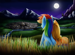 Size: 1200x887 | Tagged: safe, artist:xioade, derpibooru import, applejack, rainbow dash, earth pony, pegasus, pony, appledash, cute, female, lesbian, moon, night, shipping, wingless