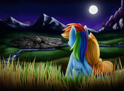 Size: 1200x887 | Tagged: safe, artist:xioade, derpibooru import, applejack, rainbow dash, earth pony, pegasus, pony, appledash, canterlot, city, cuddling, cute, featured on derpibooru, female, field, grass, lesbian, moon, mountain, night, on side, river, scenery, shipping, sitting, sky, snuggling, town