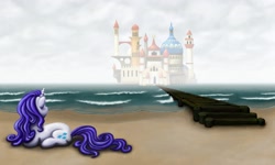 Size: 2500x1500 | Tagged: safe, artist:dahtamnay, rarity, pony, unicorn, alternate hairstyle, beach, bridge, castle, female, mare, prone, scenery, solo, water