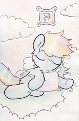 Size: 732x1121 | Tagged: safe, artist:slightlyshade, rainbow dash, scootaloo, pegasus, pony, bed, cloud, cloudy, female, filly, lesbian, pillow, scootadash, shipping, traditional art
