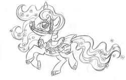 Size: 900x573 | Tagged: safe, artist:lauren faust, rarity, pony, unicorn, behind the scenes, bridle, color me, concept art, female, flower, flower in hair, flower in tail, grayscale, lineart, mare, monochrome, saddle, simple background, sketch, solo, traditional art, what could have been, white background