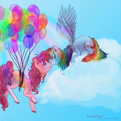 Size: 1600x1600 | Tagged: safe, artist:crazy-luna, derpibooru import, pinkie pie, rainbow dash, earth pony, pegasus, pony, balloon, boop, cloud, crepuscular rays, cute, eye contact, female, flying, lesbian, looking at each other, mare, noseboop, nuzzling, pinkiedash, prone, raised hoof, shipping, smiling, spread wings, then watch her balloons lift her up to the sky, unshorn fetlocks, wings