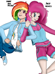 Size: 2236x2984 | Tagged: safe, artist:thebadgrinch, derpibooru import, pinkie pie, rainbow dash, human, clothes, happy, high res, humanized, jacket, mods are asleep, one eye closed, pants, shorts, simple background, smiling, white background, wink