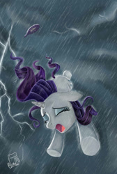 Size: 1179x1758 | Tagged: safe, artist:cainescroll, rarity, pony, unicorn, fanfic:the flight of the alicorn, airship, crying, eyes closed, falling, fanfic, fanfic art, female, lightning, mare, rain, solo, storm