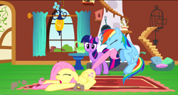Size: 1360x730 | Tagged: safe, derpibooru import, screencap, fluttershy, rainbow dash, twilight sparkle, pegasus, pony, dragon quest, dragging, eyes closed, fluttershy's cottage, fluttershy's cottage (interior), mouth hold, tail pull