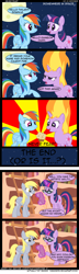 Size: 1280x4444 | Tagged: dead source, safe, artist:veggie55, derpibooru import, derpy hooves, rainbow dash, twilight sparkle, pegasus, pony, absurd resolution, book, comic, female, fire, food, glasses, golden oaks library, ladder, mare, moon, muffin, scroll