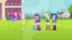 Size: 400x225 | Tagged: safe, derpibooru import, screencap, applejack, fluttershy, pinkie pie, rainbow dash, rarity, twilight sparkle, equestria girls, equestria girls (movie), boots, bracelet, canterlot high, clothes, cowboy boots, cowboy hat, cropped, denim skirt, female, giggling, hat, high heel boots, jewelry, jumping, leg warmers, mane six, picture for breezies, skirt, soccer field, socks, stetson, watermark