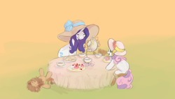 Size: 1258x717 | Tagged: safe, artist:noel, rarity, sweetie belle, pony, unicorn, clothes, cupcake, drink, duo, duo female, female, filly, food, hat, mare, plushie, sitting, tea, tea party, teapot