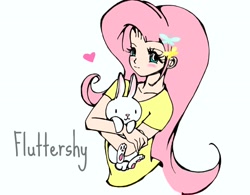 Size: 2438x1897 | Tagged: safe, artist:pixel-chick, angel bunny, fluttershy, human, cute, female, heart, humanized, simple background, white background