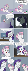 Size: 1620x4068 | Tagged: safe, artist:lemondevil, rarity, sweetie belle, pony, unicorn, ask, biporarity, broken, comic, computer, crayons, derp, duo, duo female, female, filly, grin, gritted teeth, mare, smiling