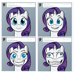 Size: 2824x2744 | Tagged: safe, artist:lemondevil, rarity, pony, unicorn, ask, biporarity, creepy, derp, female, grin, high res, mare, slasher smile, smiling, solo