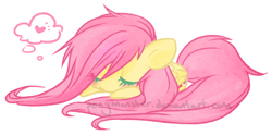 Size: 690x342 | Tagged: safe, artist:ponymonster, fluttershy, pegasus, pony, female, heart, mare, messy mane, simple background, sleeping, solo, white background