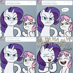 Size: 1280x1280 | Tagged: safe, artist:lemondevil, rarity, sweetie belle, pony, unicorn, angry face, ask, biporarity, duo, duo female, female, filly, laughing, mare