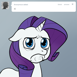 Size: 646x646 | Tagged: safe, artist:lemondevil, rarity, pony, unicorn, :c, ask, biporarity, female, floppy ears, mare, pouting, solo, tumblr