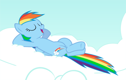 Size: 1366x864 | Tagged: safe, artist:cheezedoodle96, rainbow dash, pegasus, pony, .svg available, cloud, eyes closed, female, hooves, lying down, mare, open mouth, relaxing, simple background, solo, svg, vector, white background, wings