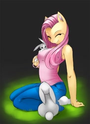 Size: 1148x1578 | Tagged: safe, artist:shnider, fluttershy, anthro, plantigrade anthro, rabbit, breasts, clothes, eyes closed, female, fluffy, jeans, kneeling, shirt, solo