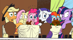 Size: 1024x568 | Tagged: safe, artist:andypriceart, derpibooru import, edit, applejack, derpy hooves, fluttershy, pinkie pie, rainbow dash, rarity, twilight sparkle, earth pony, pegasus, pony, unicorn, caught, cooked, dead, eating, female, food, ham, mane six, mare, meat, ponies eating meat, recolor, table, turkey, wide eyes