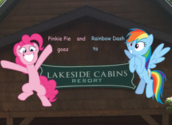 Size: 880x636 | Tagged: safe, derpibooru import, pinkie pie, rainbow dash, pony, comic, comic sans, grammar error, irl, lakeside cabins resort, michigan, new buffalo, photo, pinkie pie and rainbow dash goes to lakeside cabins resort, pinkie pie and rainbow dash goes to series, ponies in real life, preview, title card