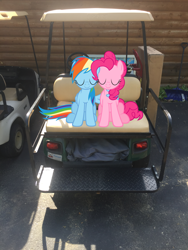 Size: 1836x2448 | Tagged: safe, derpibooru import, pinkie pie, rainbow dash, pony, comic, golf cart, hug, irl, lakeside cabins resort, michigan, new buffalo, photo, pinkie pie and rainbow dash goes to lakeside cabins resort, pinkie pie and rainbow dash goes to series, ponies in real life, preview, winghug