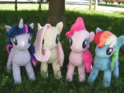 Size: 1600x1200 | Tagged: safe, artist:karasunezumi, derpibooru import, fluttershy, pinkie pie, rainbow dash, twilight sparkle, irl, photo, plushie