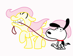 Size: 1280x989 | Tagged: safe, artist:toonfreak, fluttershy, pegasus, pony, crossover, female, floppy ears, leash, mare, mouth hold, peanuts, simple background, snoopy, walking