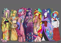 Size: 1280x905 | Tagged: safe, artist:xyluc, derpibooru import, applejack, fluttershy, pinkie pie, rainbow dash, rarity, sunset shimmer, twilight sparkle, equestria girls, clasped hands, clothes, eared humanization, hikizuri, horned humanization, kanzashi, kimono (clothing), long hair, mane six, sameface, small wings, tasuki, winged humanization, wings