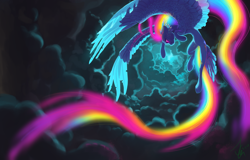 Size: 2500x1600 | Tagged: safe, artist:joan-grace, derpibooru import, rainbow dash, pegasus, pony, cloud, color porn, flying, rainbow trail, solo, storm, tail feathers