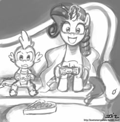 Size: 837x850 | Tagged: safe, artist:johnjoseco, rarity, spike, dragon, pony, unicorn, controller, fainting couch, female, gamer rarity, grayscale, male, mare, monochrome, playing video games, shipping, sitting, sparity, straight, unicorn master race, video game