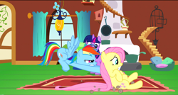 Size: 1360x730 | Tagged: safe, derpibooru import, screencap, fluttershy, rainbow dash, twilight sparkle, pegasus, pony, dragon quest, fluttershy's cottage, fluttershy's cottage (interior), flying, pushing