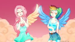 Size: 980x546 | Tagged: safe, artist:a-clash-of-kings, fluttershy, rainbow dash, human, hurricane fluttershy, belly button, clothes, dress, high wing, humanized, midriff, scene interpretation, tanktop, winged humanization