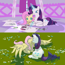 Size: 1000x1000 | Tagged: safe, artist:cabyowl, fluttershy, rarity, pegasus, pony, unicorn, boop, carousel boutique, drawing, female, flarity, flower, grass, lesbian, mare, no pupils, noseboop, picnic, prone, shipping