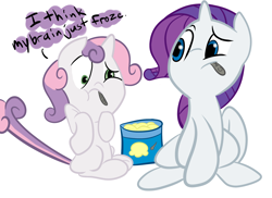 Size: 2338x1700 | Tagged: safe, artist:tess, rarity, sweetie belle, pony, unicorn, brain freeze, duo, duo female, female, filly, ice cream, mare, simple background, sitting, white background