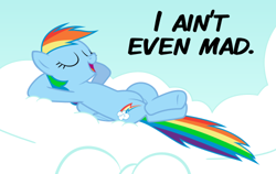 Size: 500x316 | Tagged: safe, artist:cheezedoodle96, rainbow dash, pegasus, pony, cloud, crossed hooves, female, i ain't even mad, lying down, mare, meme, open mouth, reaction image, sky, solo, text