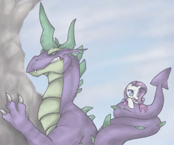 Size: 958x802 | Tagged: safe, artist:soulspade, rarity, spike, dragon, pony, unicorn, climbing, duo, female, greed spike, male, mare, spikezilla