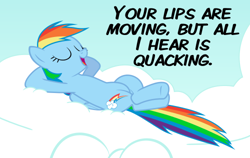 Size: 500x316 | Tagged: safe, artist:cheezedoodle96, rainbow dash, pegasus, pony, cloud, crossed hooves, female, lying down, mare, meme, op is a duck (reaction image), open mouth, reaction image, resting, solo