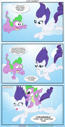 Size: 1250x2434 | Tagged: safe, artist:epulson, rarity, spike, dragon, pony, unicorn, comic, dialogue, falling, female, male, mare, speech bubble, surfing, wide eyes