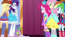 Size: 1920x1080 | Tagged: safe, derpibooru import, applejack, fluttershy, pinkie pie, rainbow dash, rarity, spike, dog, equestria girls, equestria girls (movie), boots, bracelet, cowboy boots, fall formal outfits, hat, high heel boots, jewelry, sparkles, spike the dog, this is our big night, top hat, wings