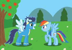 Size: 1078x740 | Tagged: safe, artist:csmlp, rainbow dash, soarin', pegasus, pony, blushing, female, male, raised leg, shipping, smiling, soarindash, spread wings, straight, wonderbolts uniform