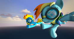 Size: 4069x2160 | Tagged: safe, artist:jaygaming1, derpibooru import, rainbow dash, spitfire, pegasus, pony, 3d, absurd resolution, clothes, cloud, flying, goggles, poster, source filmmaker, uniform, wonderbolt trainee uniform, wonderbolts uniform