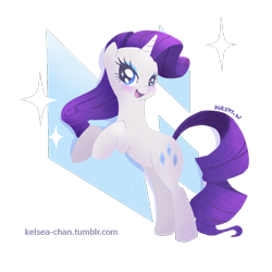 Size: 1000x1000 | Tagged: safe, artist:kelsea-chan, rarity, pony, unicorn, abstract background, cutie mark background, female, mare, rearing, smiling, solo