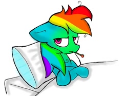 Size: 882x658 | Tagged: safe, artist:rainbowdash-swag, rainbow dash, pegasus, pony, bed, blanket, crossed hooves, female, frown, mare, messy mane, pillow, sick, simple background, solo, thermometer, white background