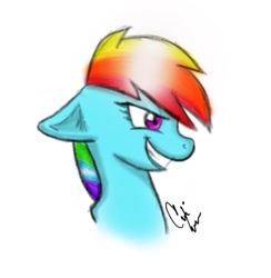 Size: 435x445 | Tagged: safe, artist:rainbowdash-swag, rainbow dash, pegasus, pony, bust, female, mare, open mouth, signature, simple background, smiling, solo, white background