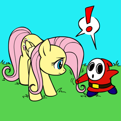 Size: 945x945 | Tagged: safe, artist:megasweet, fluttershy, pegasus, pony, crossover, female, hair pulling, mare, mario, shy guy, super mario bros.